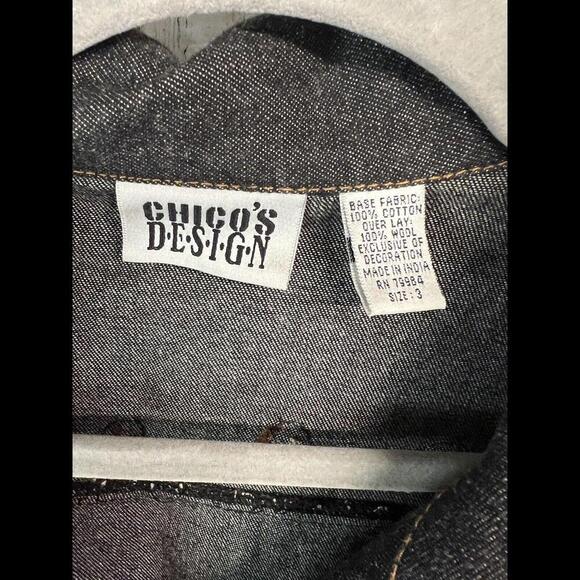 Chico's Design Denim Blazer Jacket Women's Sz 3 Embroidered Beaded Cotton & Wool - Picture 4 of 9